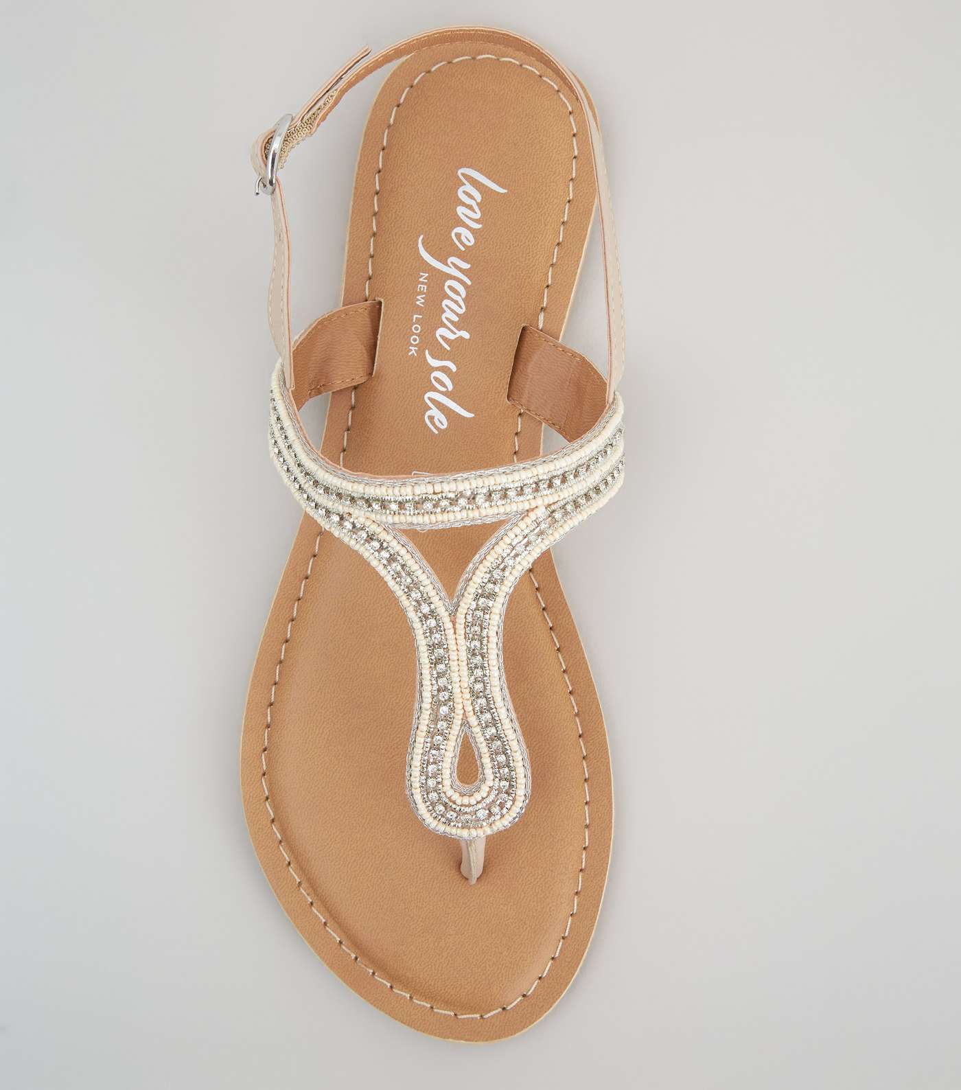 Cream Leather Bead Diamanté Strap Sandals Image 4