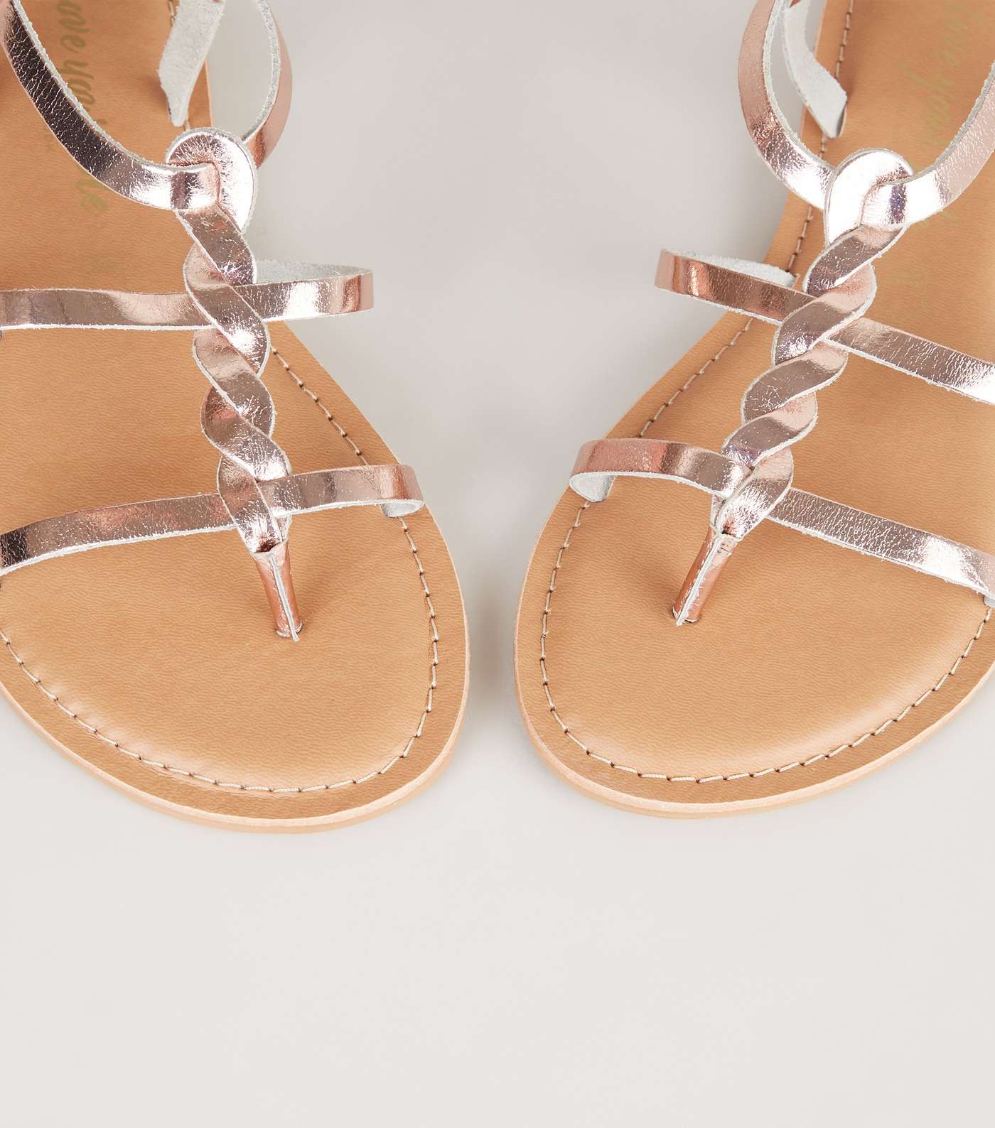 Wide Fit Rose Gold Leather Plait Strap Sandals Image 3
