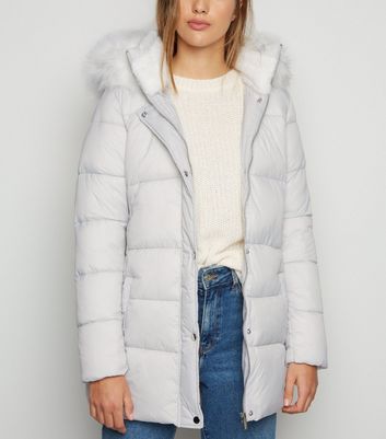 grey faux fur puffer jacket