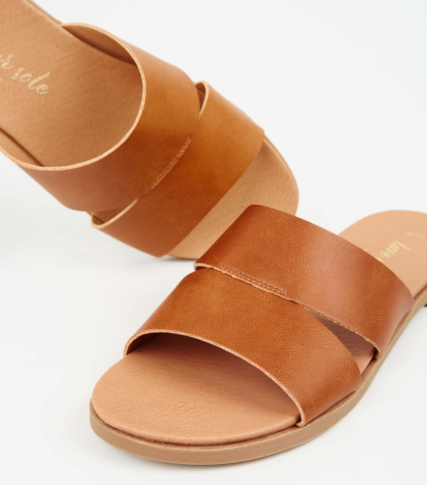 Tan Leather-Look Footbed Sliders Image 3