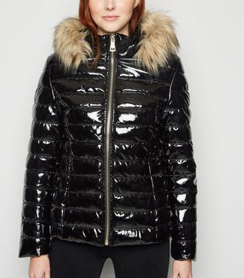 new look black coat fur hood