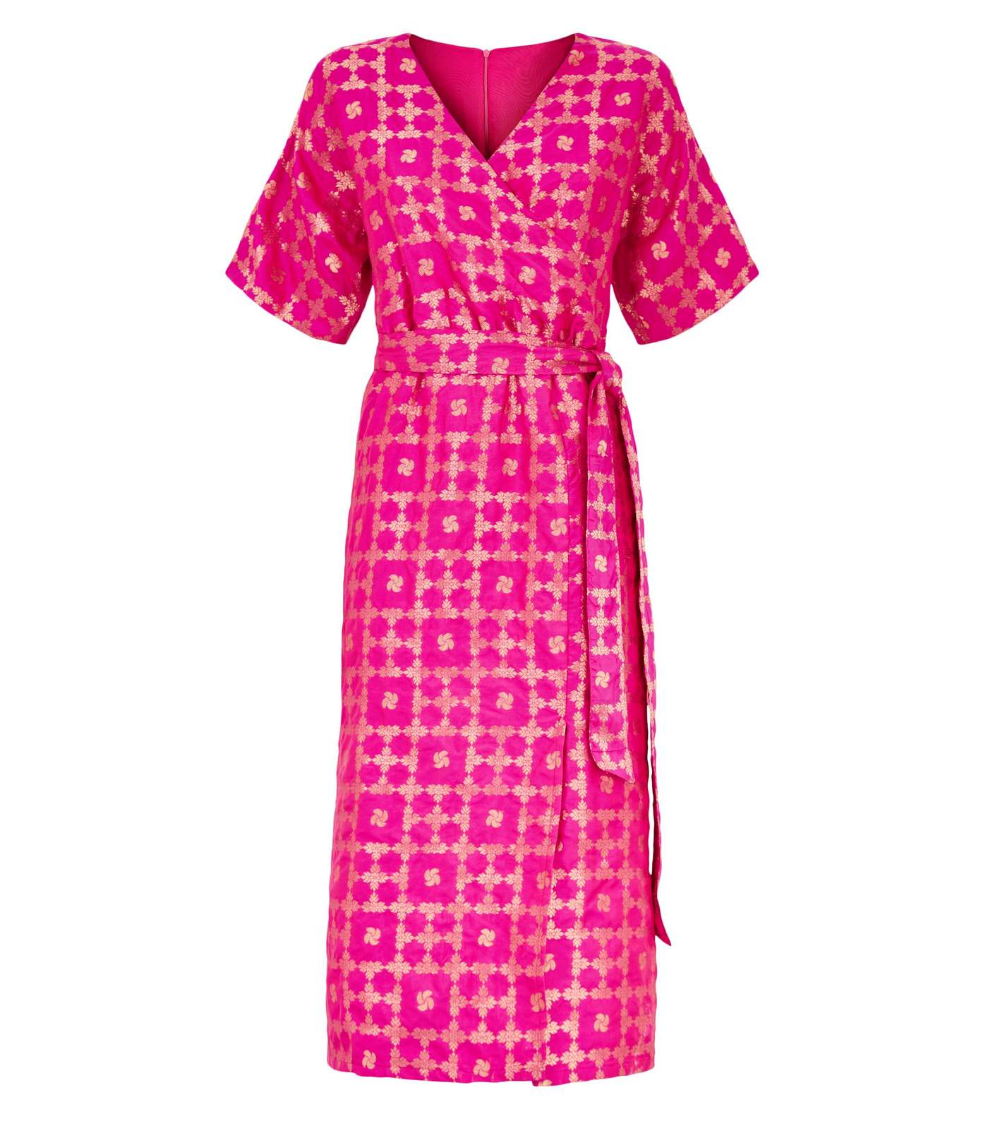 Nesavaali Bright Pink Metallic Jacquard Midi Dress Image 4