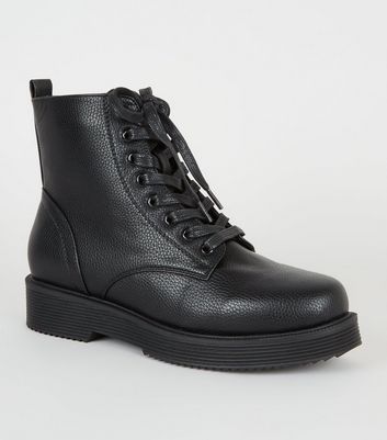 Black Leather Look Chunky Lace Up Boots Black Leather Look Chunky Lace Up Boots