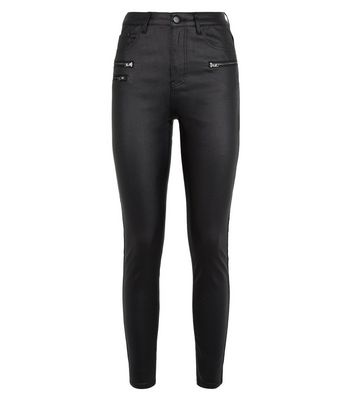 Black Leather-Look Double Zip Super Skinny Jeans | New Look