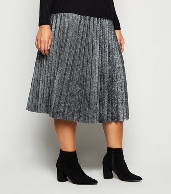 Curves Black Glitter Pleated Midi Skirt New Look