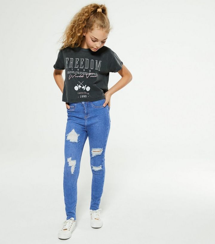 Girls Bright Blue Ripped High Waist Hallie Super Skinny Jeans New Look