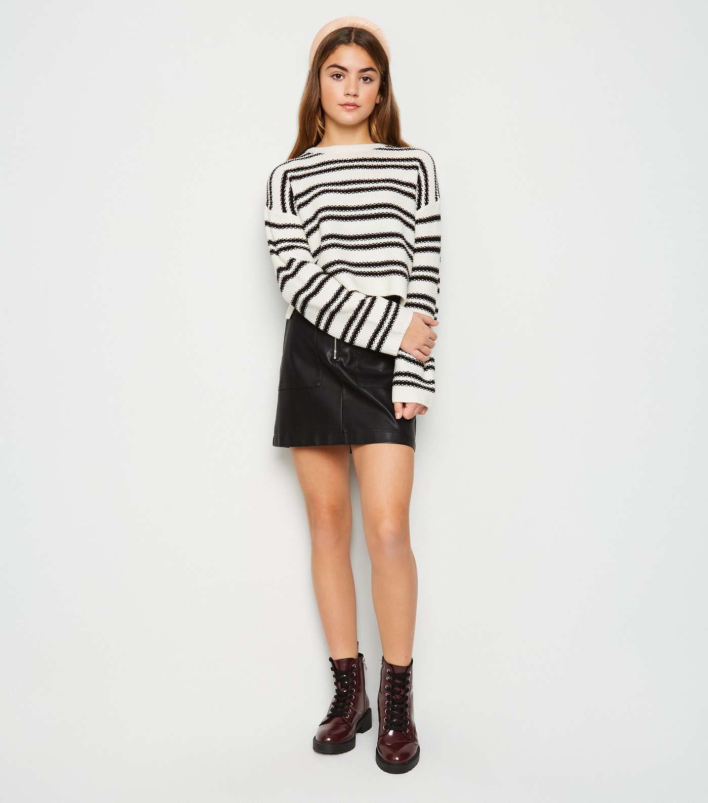 Girls White Stripe Chunky Knit Jumper Image 2