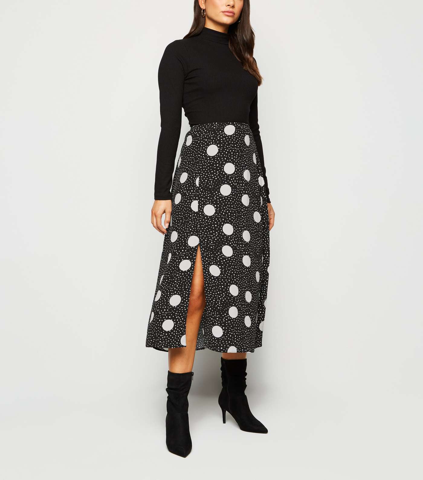 Petite Black Spot Side Split Midi Skirt