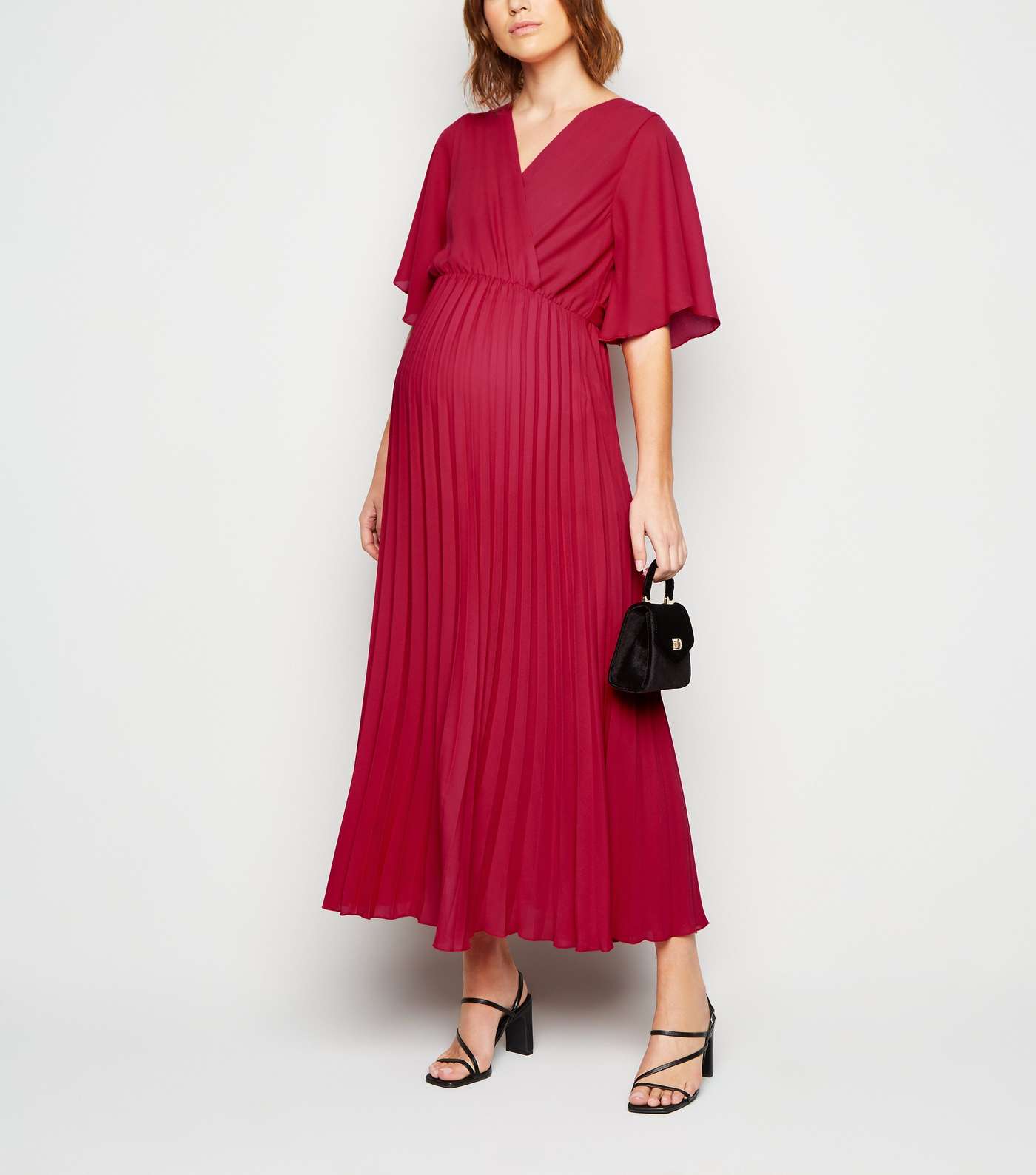 Maternity Red Pleated V Neck Midi Dress