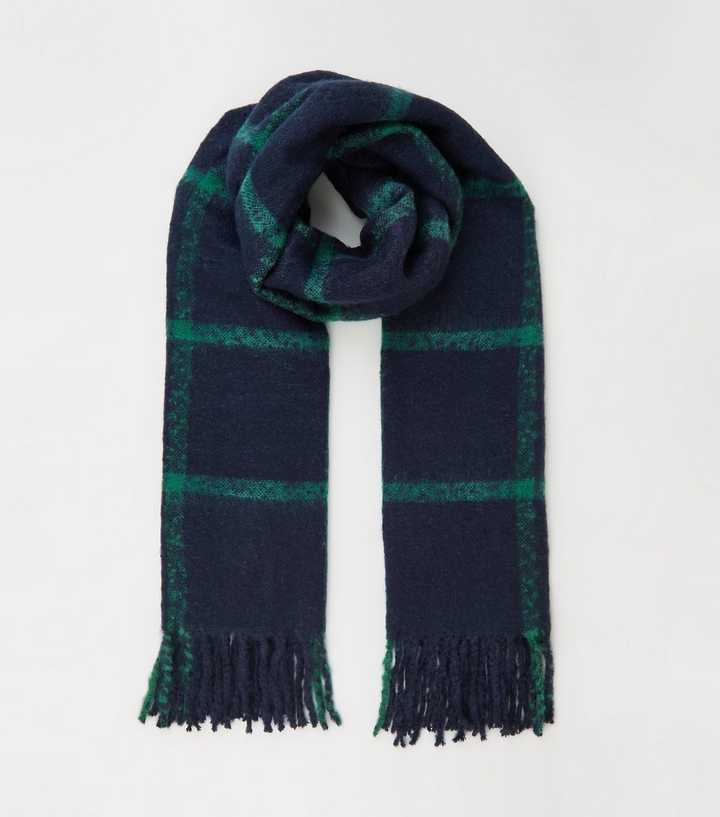 Navy Check Tassel Trim Scarf