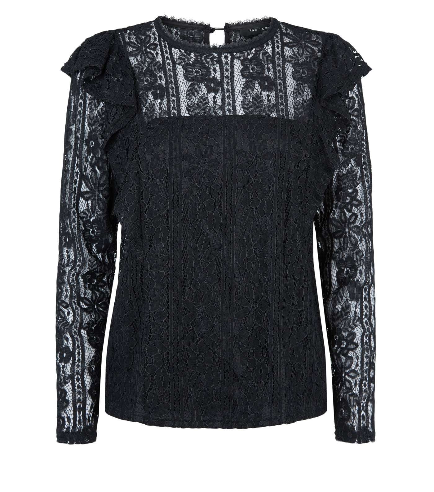 Black Lace Long Sleeve Frill Trim Top Image 4