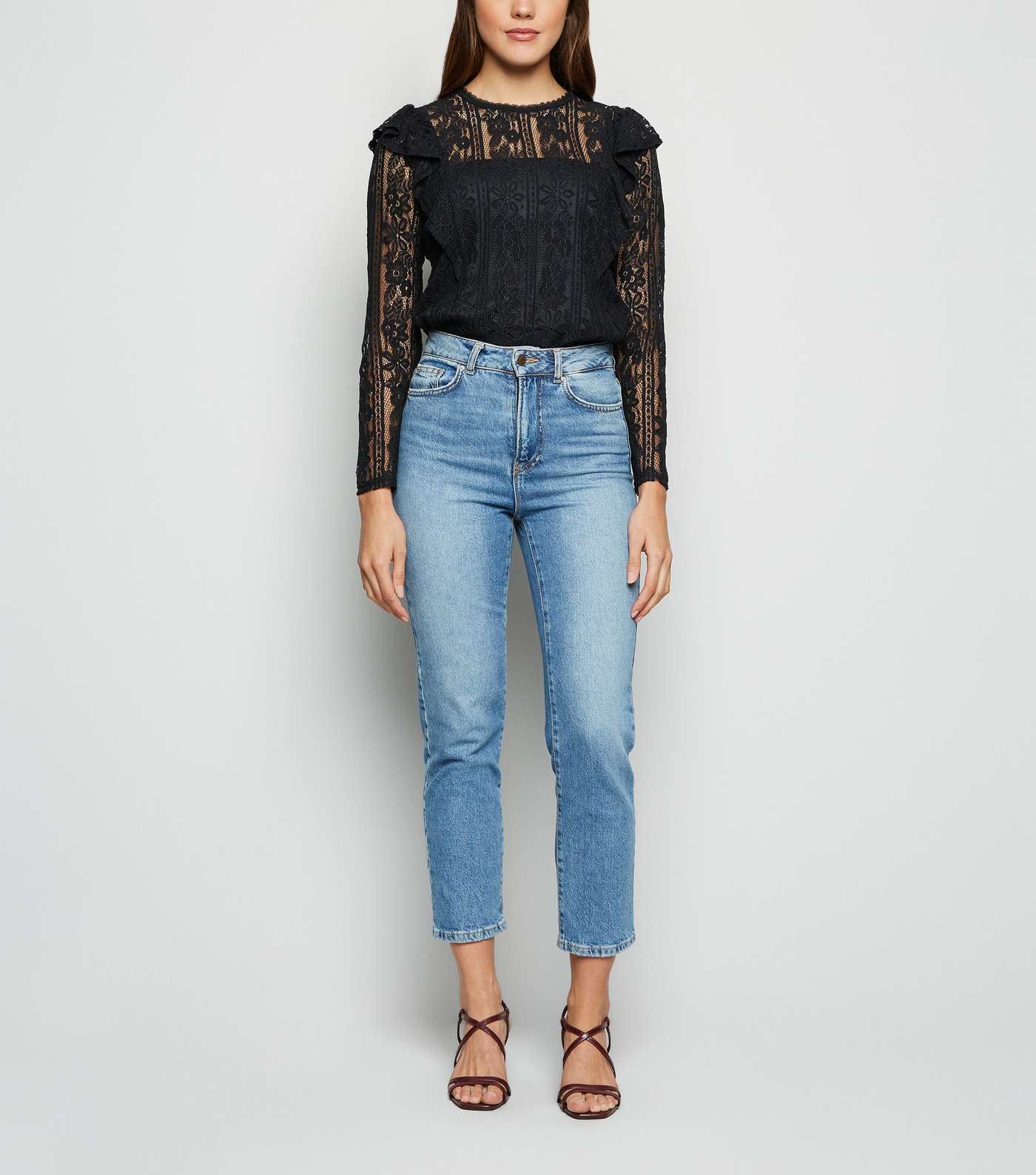 Black Lace Long Sleeve Frill Trim Top Image 2