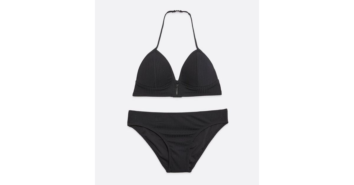 Girls Black Ribbed Zip Bikini Set