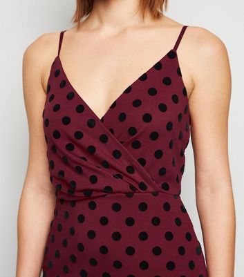 Image of Burgundy Flocked Spot Wrap Midi Dress New Look