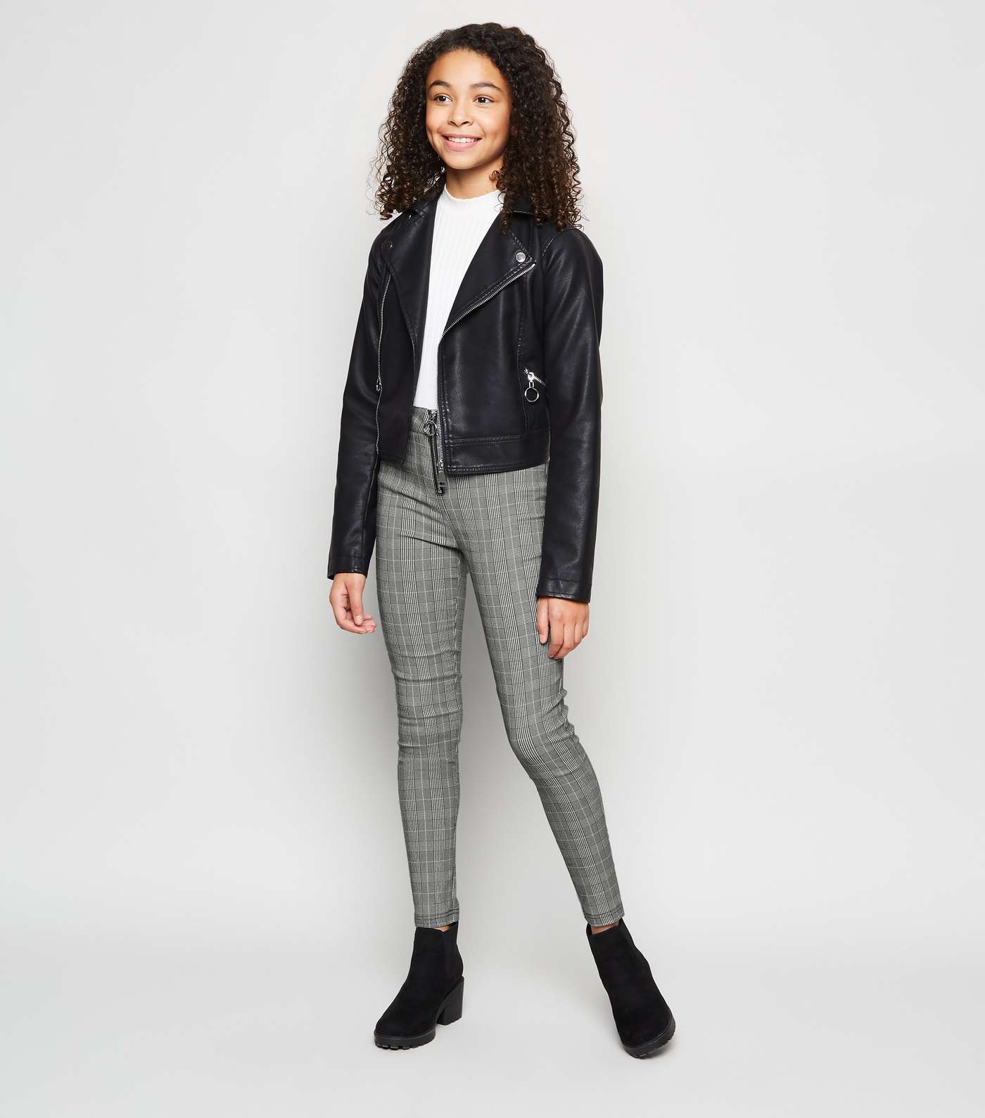 Girls Black Check Zip Front Trousers