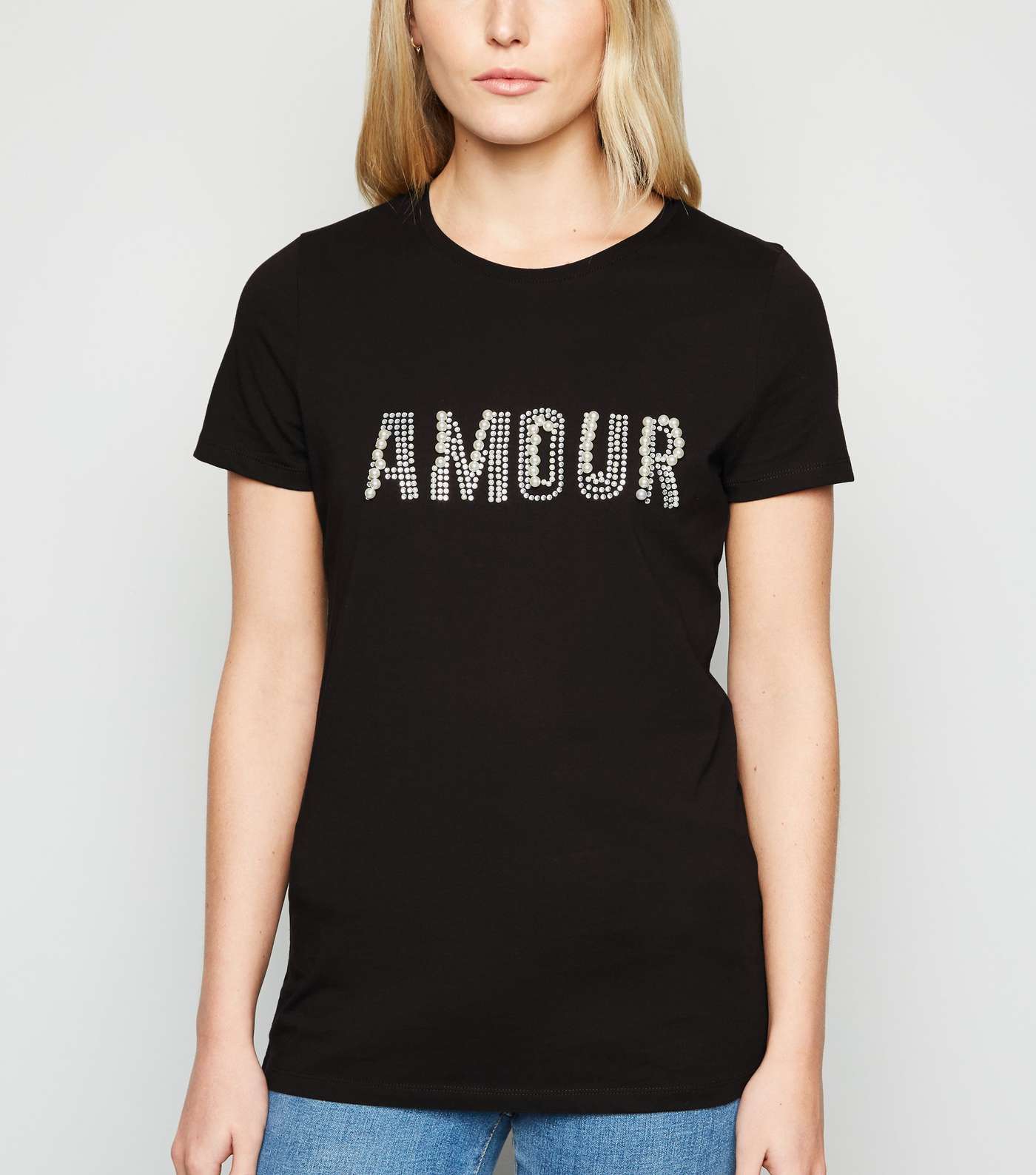Tall Black Faux Pearl Amour Slogan T-Shirt
