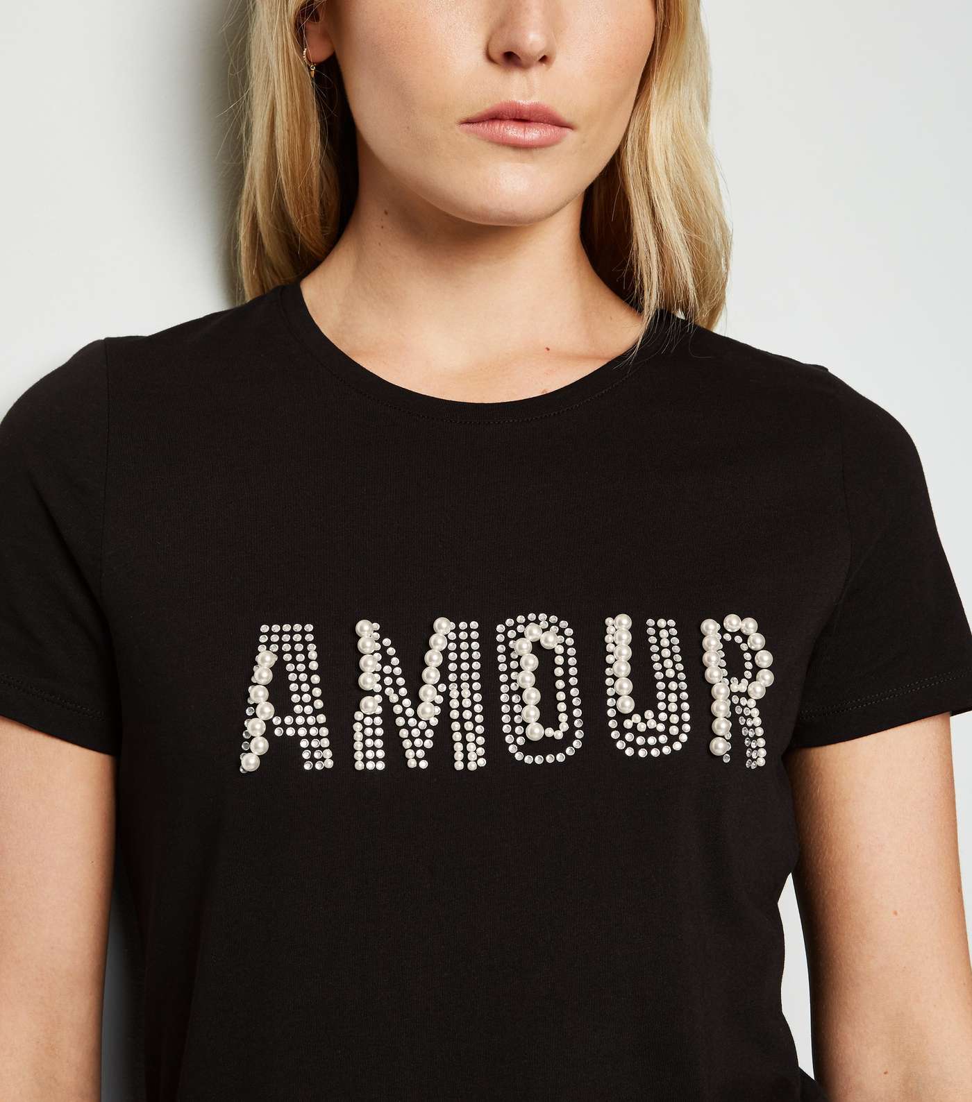 Tall Black Faux Pearl Amour Slogan T-Shirt Image 5