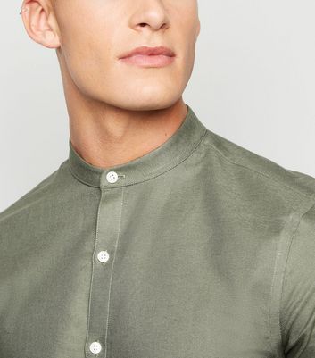 Image of Khaki Long Sleeve Grandad Oxford Shirt New Look