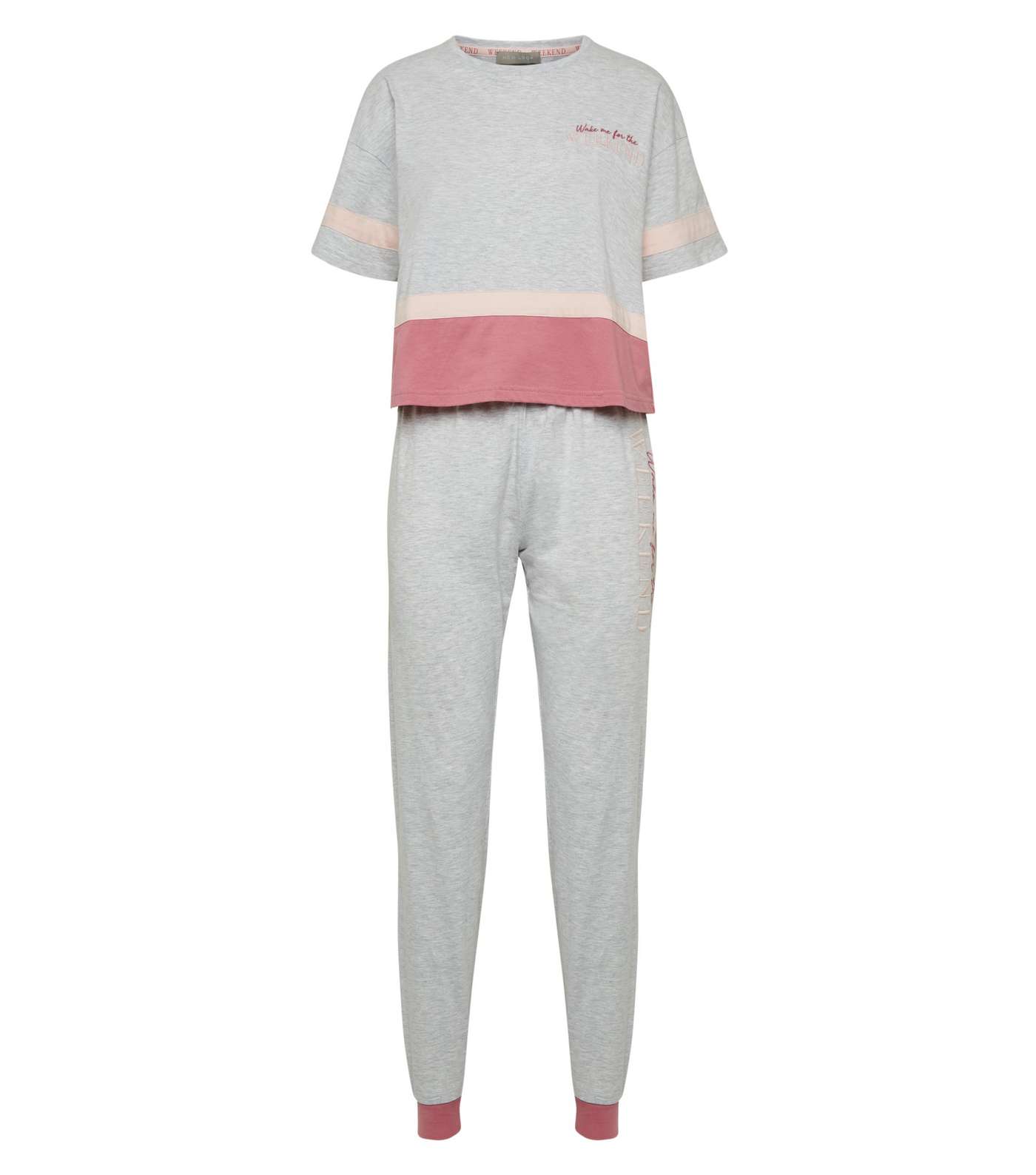 Light Grey Colour Block Weekend Slogan Pyjama Set Image 4