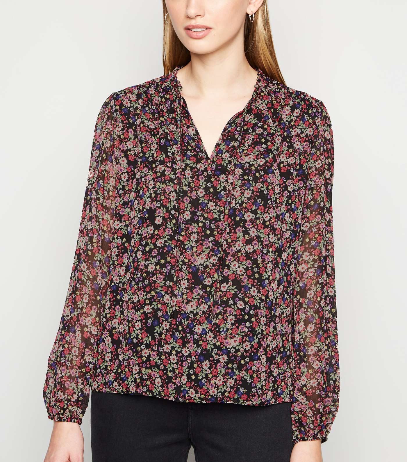 Black Ditsy Floral Tie Frill Neck Blouse