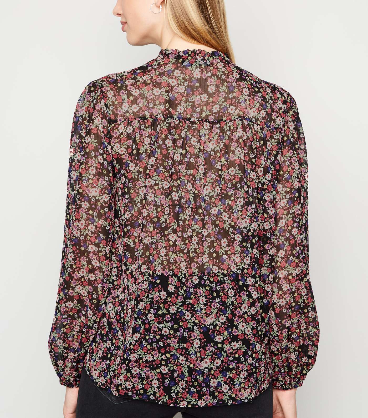 Black Ditsy Floral Tie Frill Neck Blouse Image 3