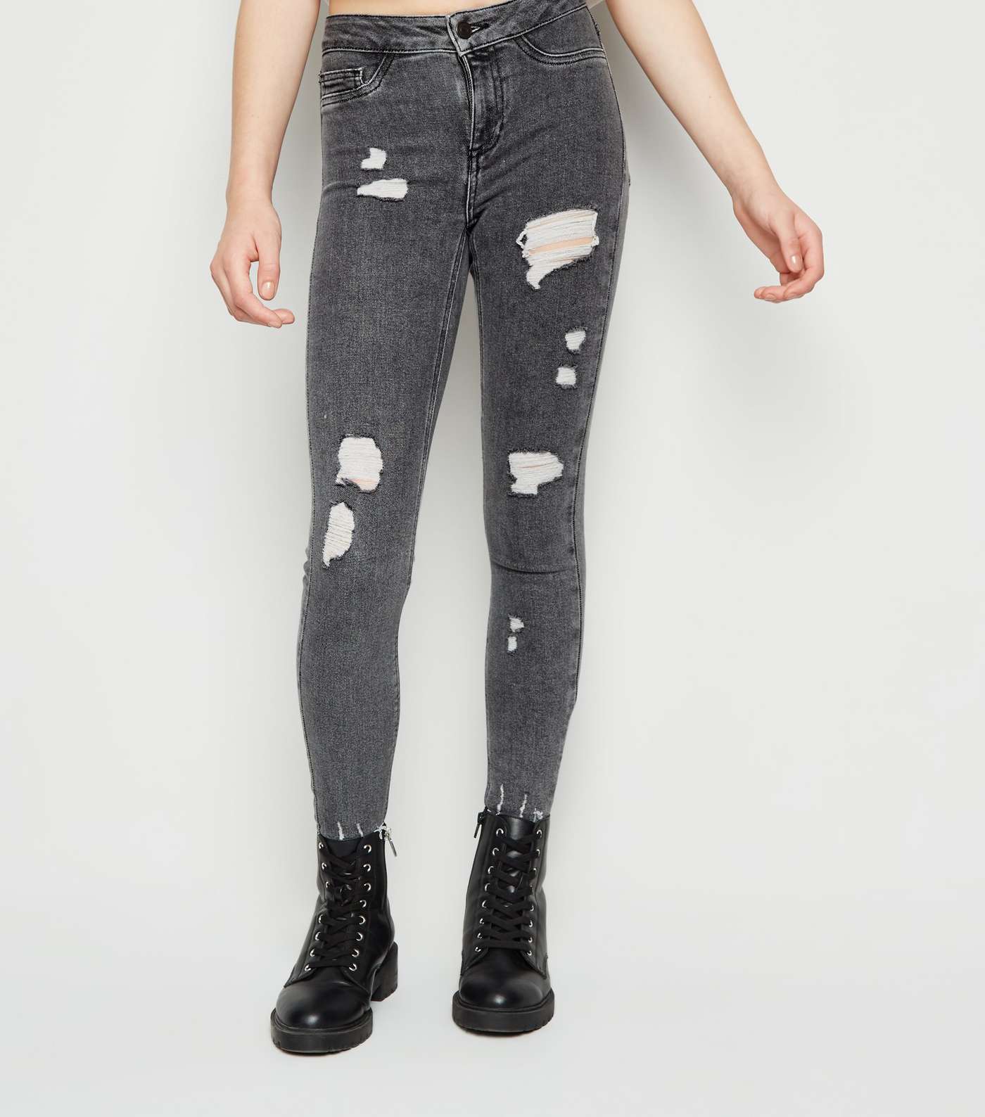 Girls Grey Ripped High Waist Super Skinny Jeans Image 2
