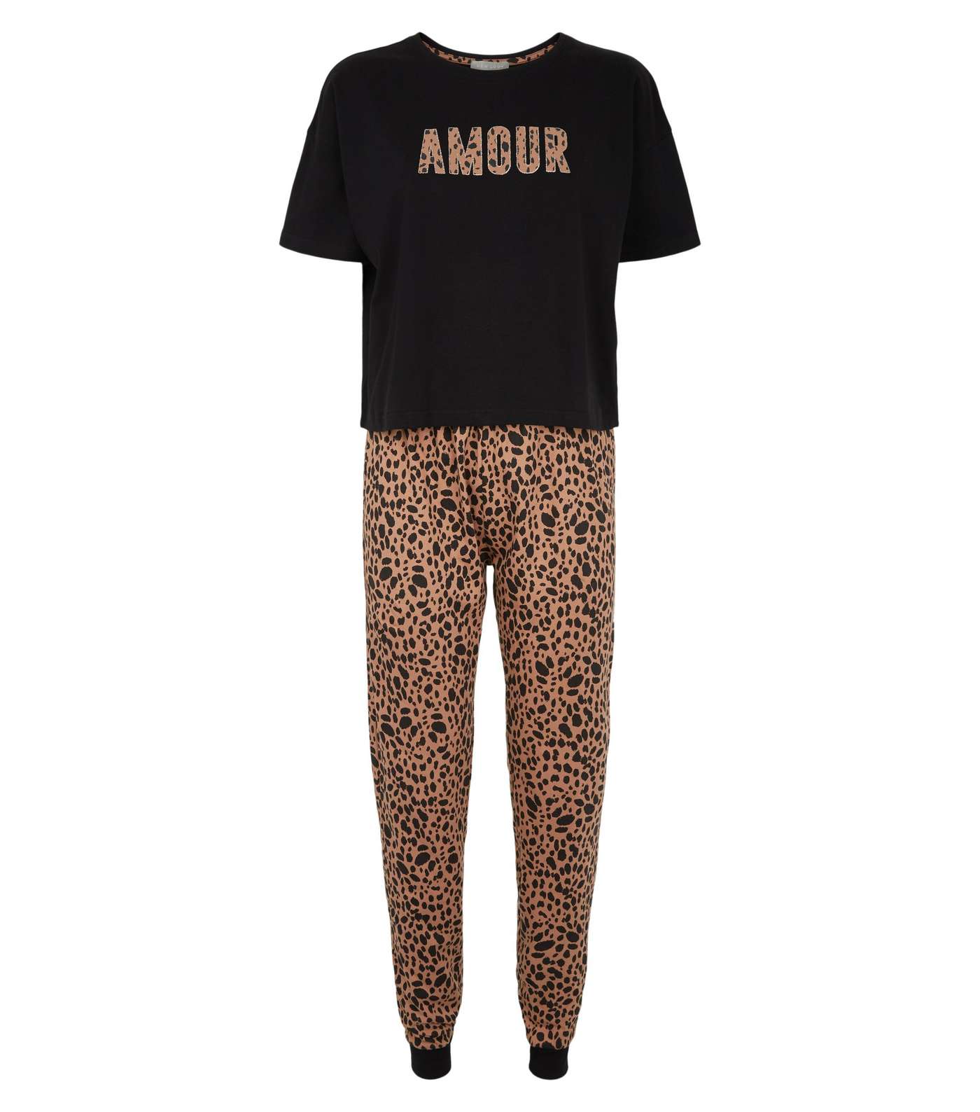 Black Leopard Print Amour Slogan Pyjama Set Image 4