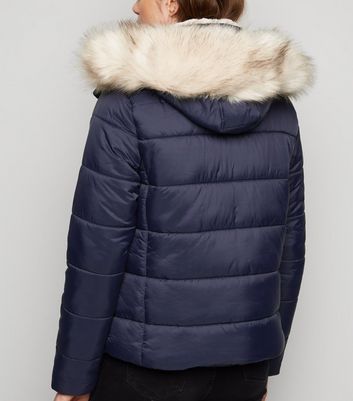 navy puffer jacket with fur hood