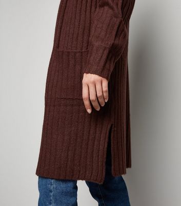Dark Brown Ribbed Longline Cardigan 