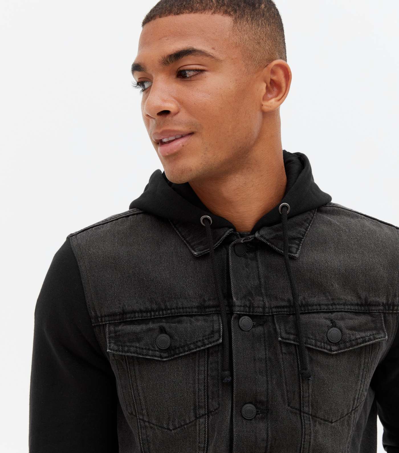 Black Jersey Sleeve Hooded Dark Wash Denim Jacket Image 3