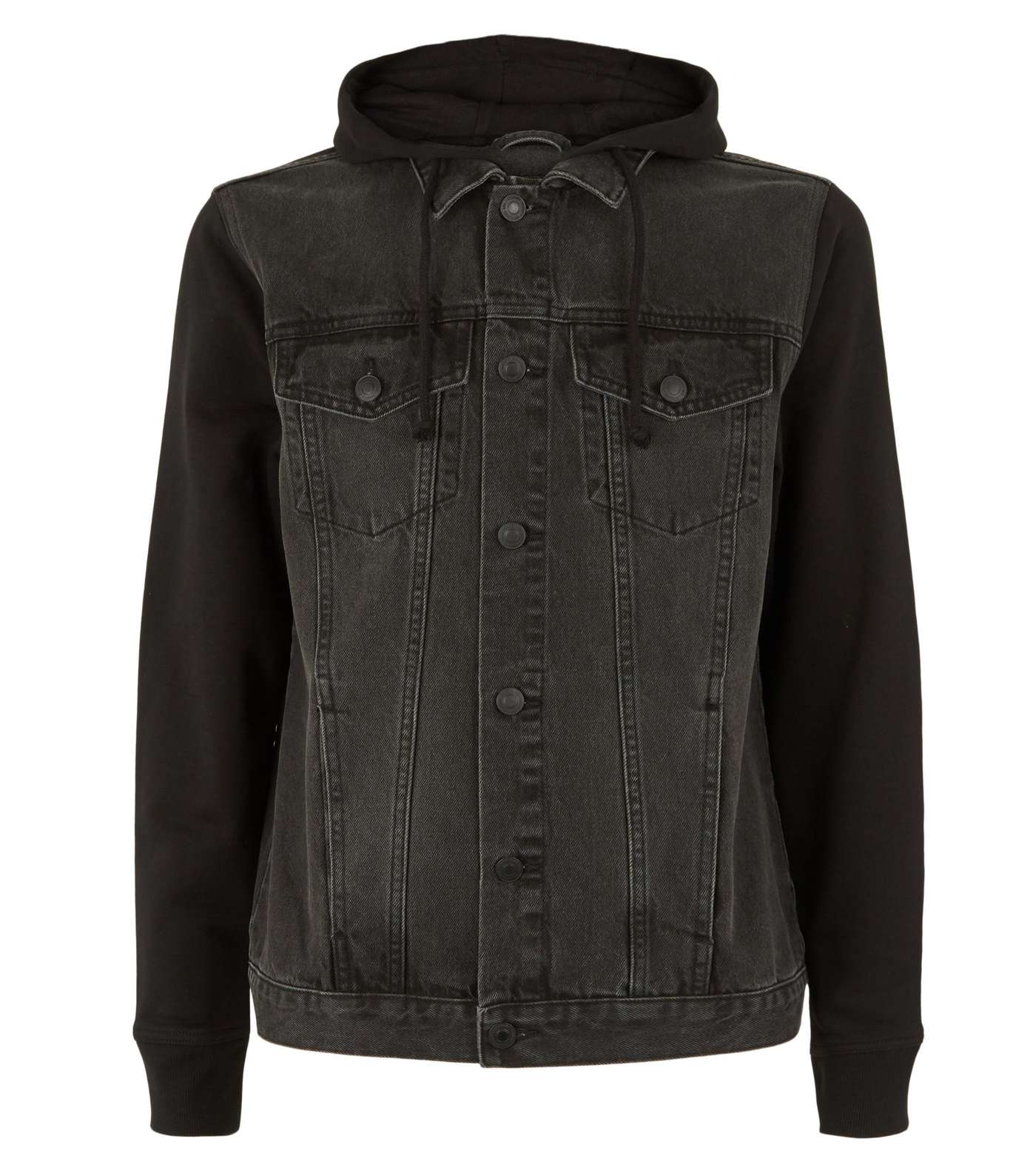 Black Jersey Sleeve Hooded Dark Wash Denim Jacket Image 5
