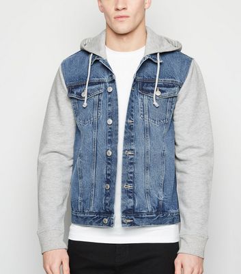 blue jacket with grey hood