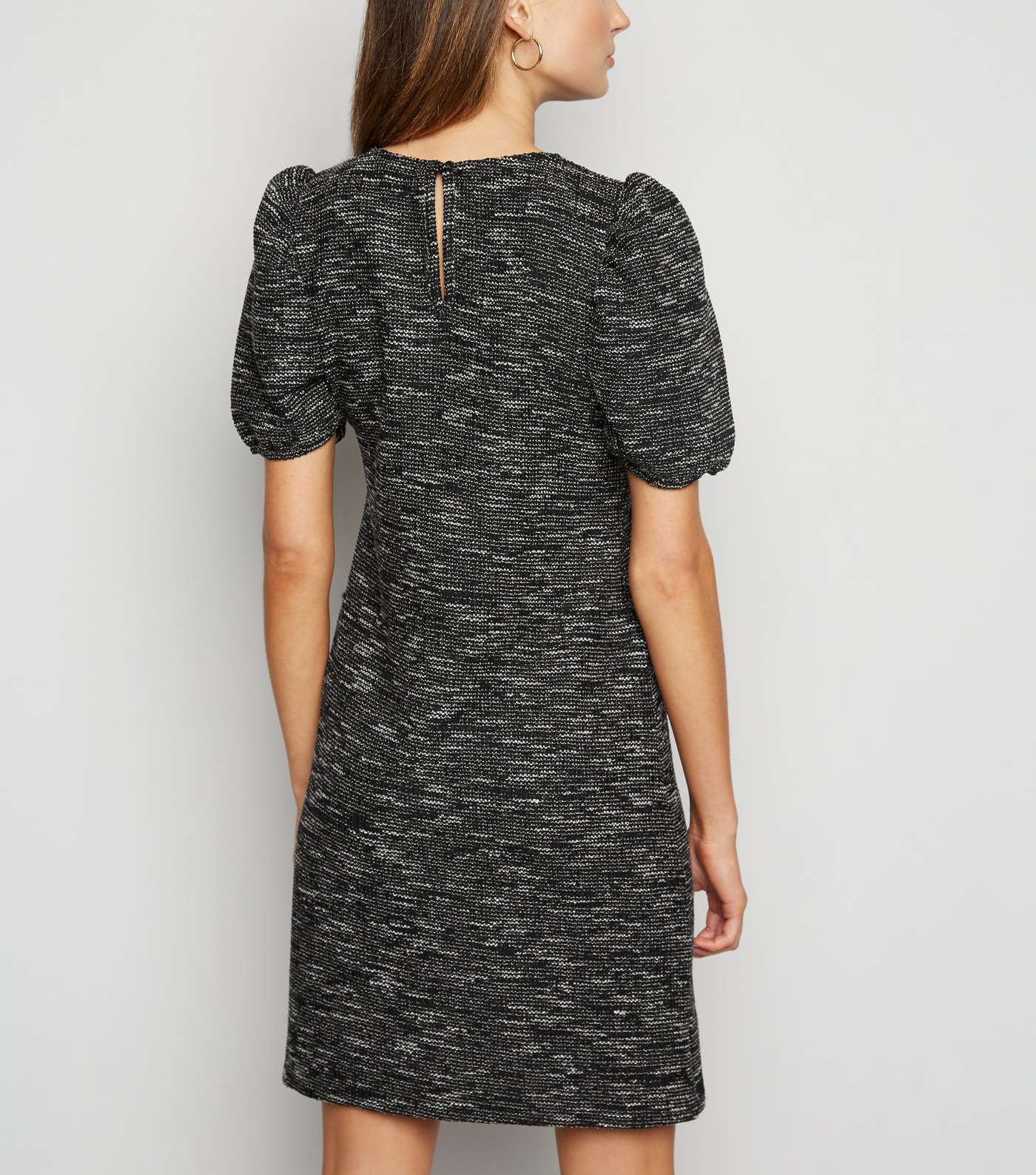 Light Grey Textured Knit Puff Sleeve Tunic Dress Image 3