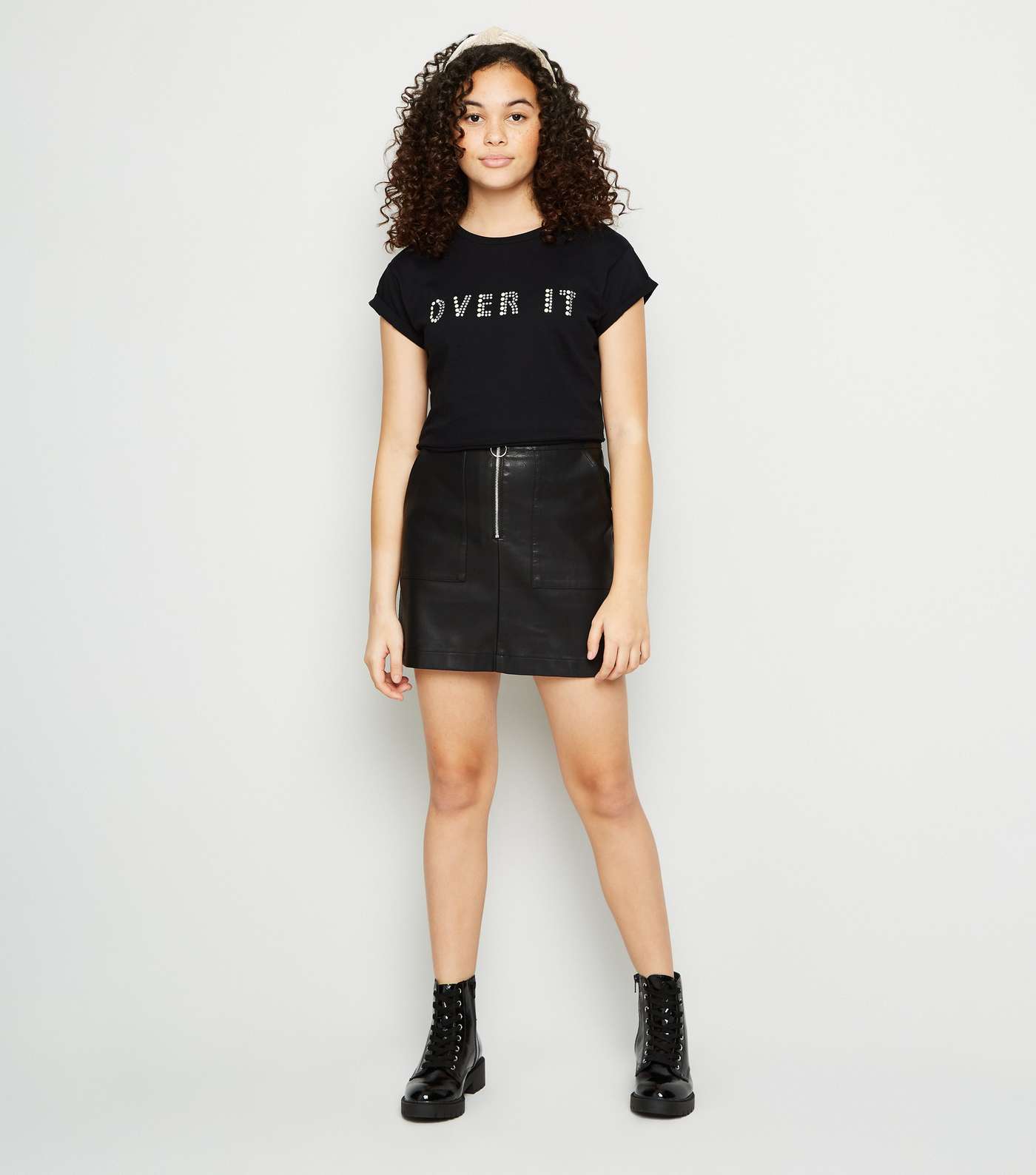Girls Black Faux Pearl Over It Slogan T-Shirt Image 2