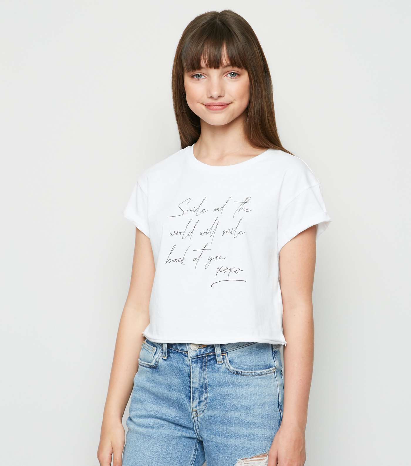 Girls White Smile Slogan T-Shirt