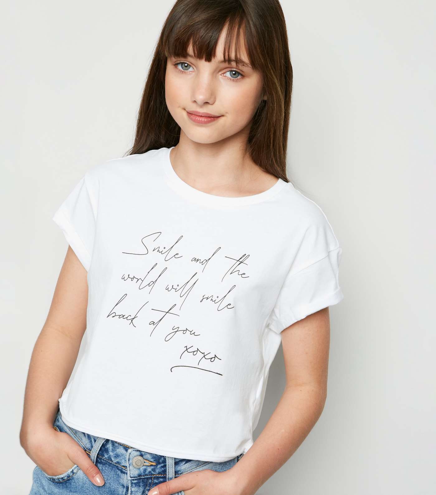 Girls White Smile Slogan T-Shirt Image 5