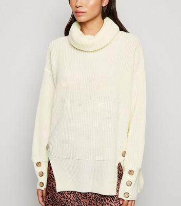 Image of Cameo Rose Cream Button Roll Neck Jumper New Look
