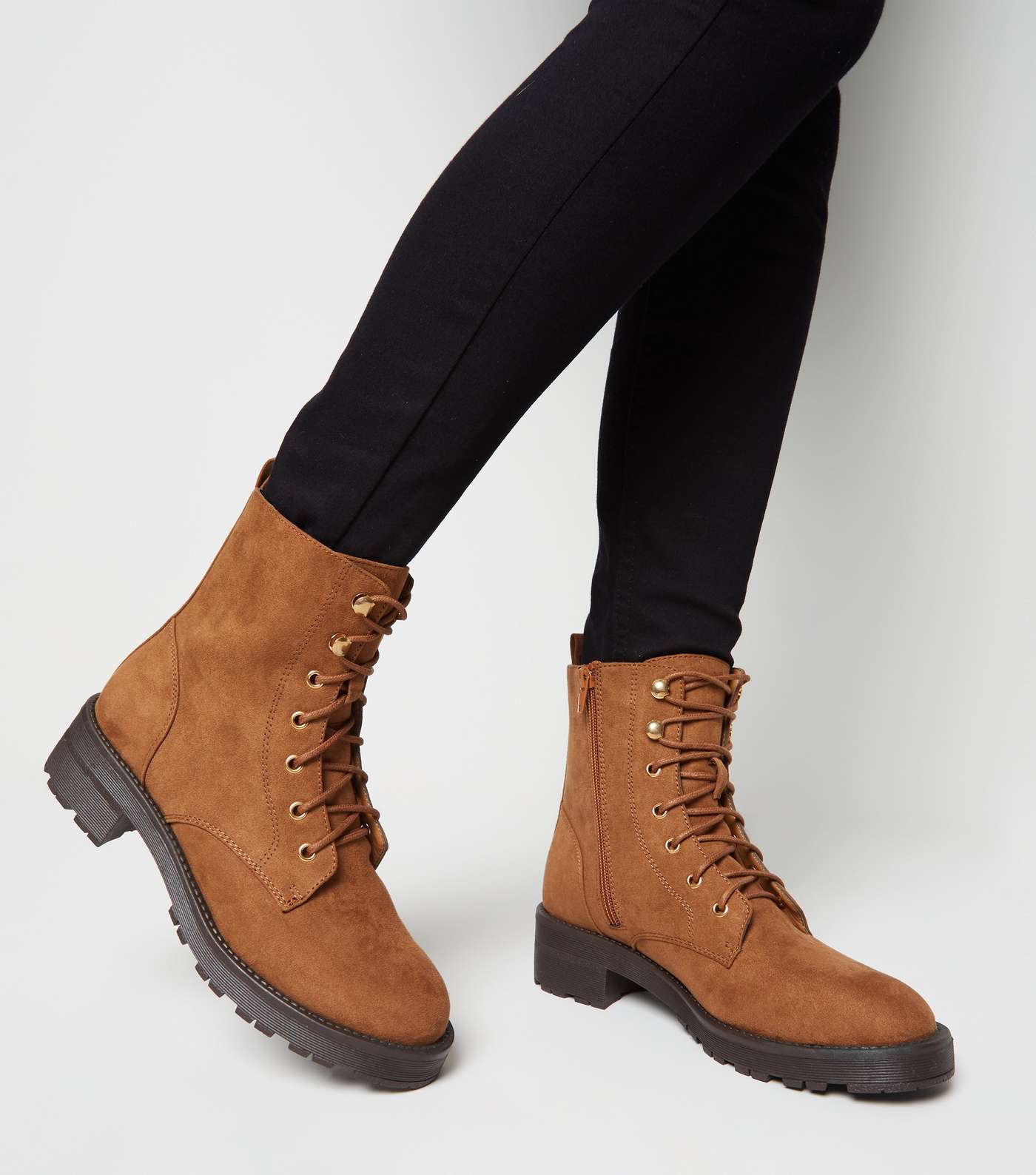 Tan Suedette Lace Up Chunky Boots Image 2