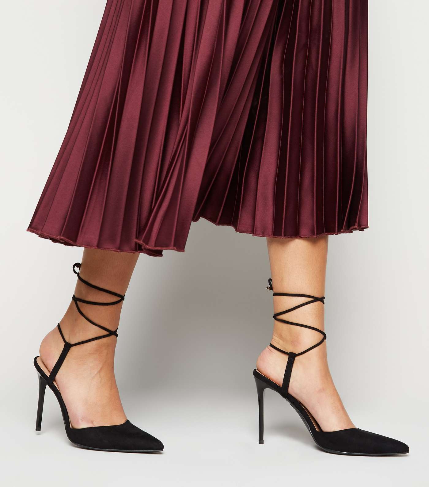 Black Suedette Ankle Tie Pointed Court Shoes Image 2