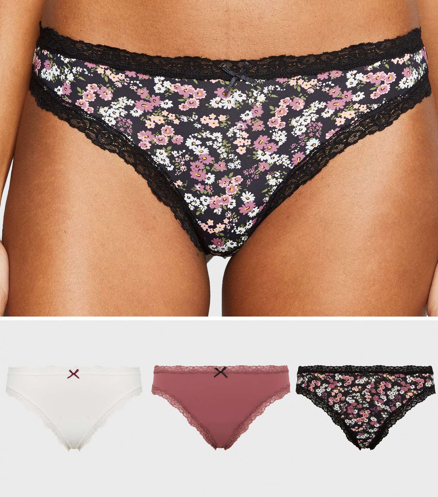 3 Pack Multicoloured Ditsy Floral Lace Thongs