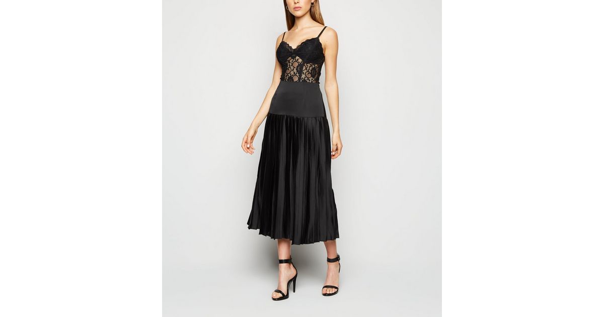 Cameo Rose Black Satin Pleated Midi Skirt | New Look