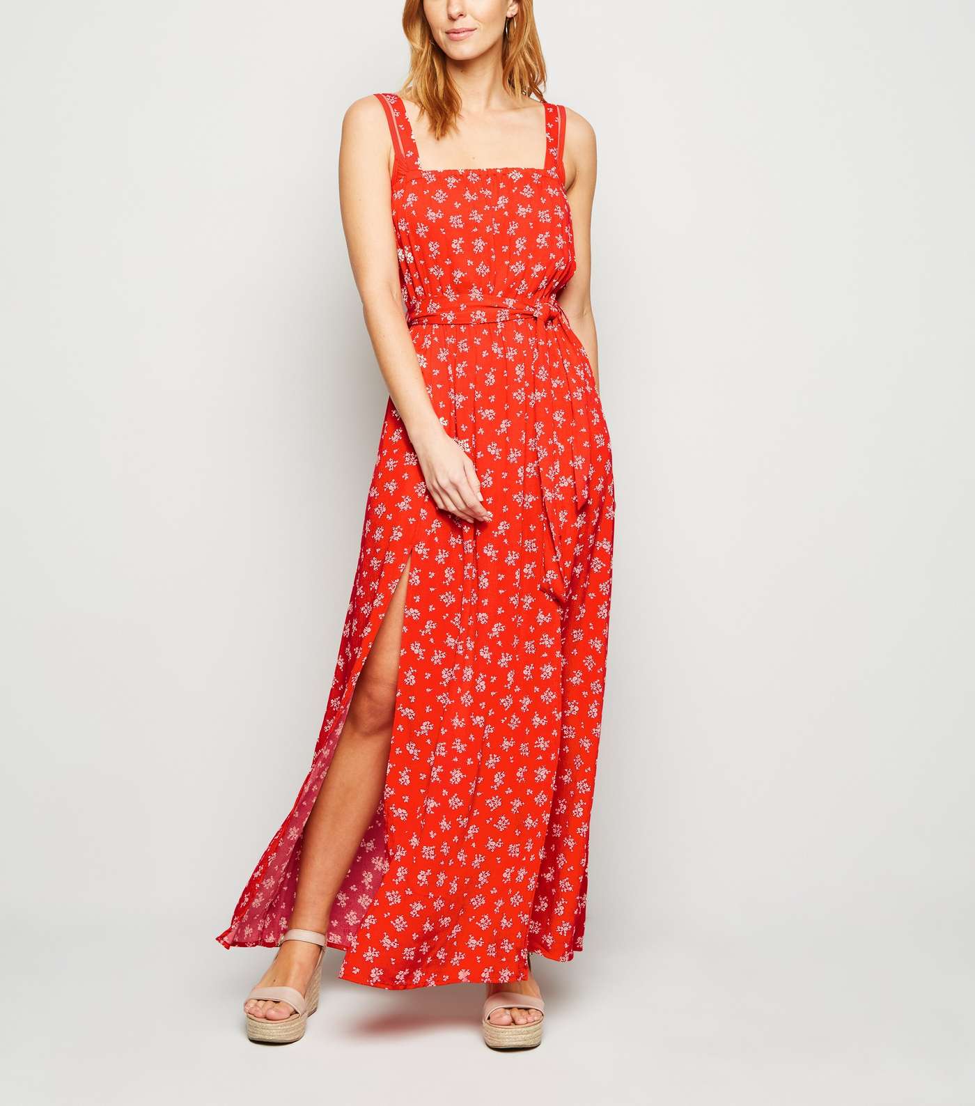 Red Ditsy Floral Maxi Beach Dress