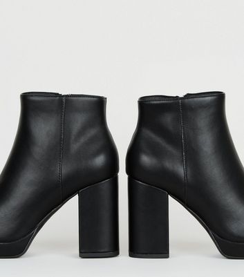 Black Leather-Look Heel Platform Boots 