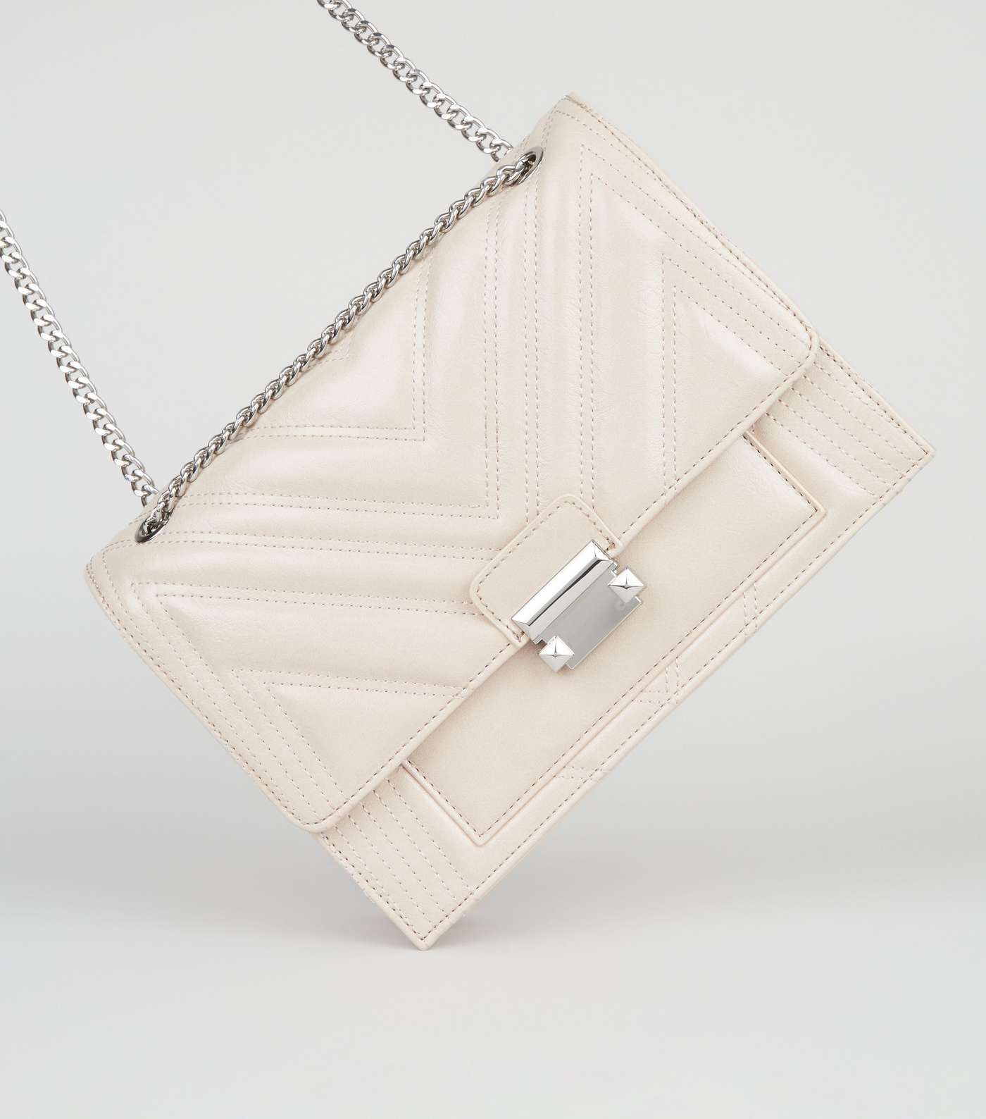 Cream Leather-Look Quilted Chain Shoulder Bag Image 3