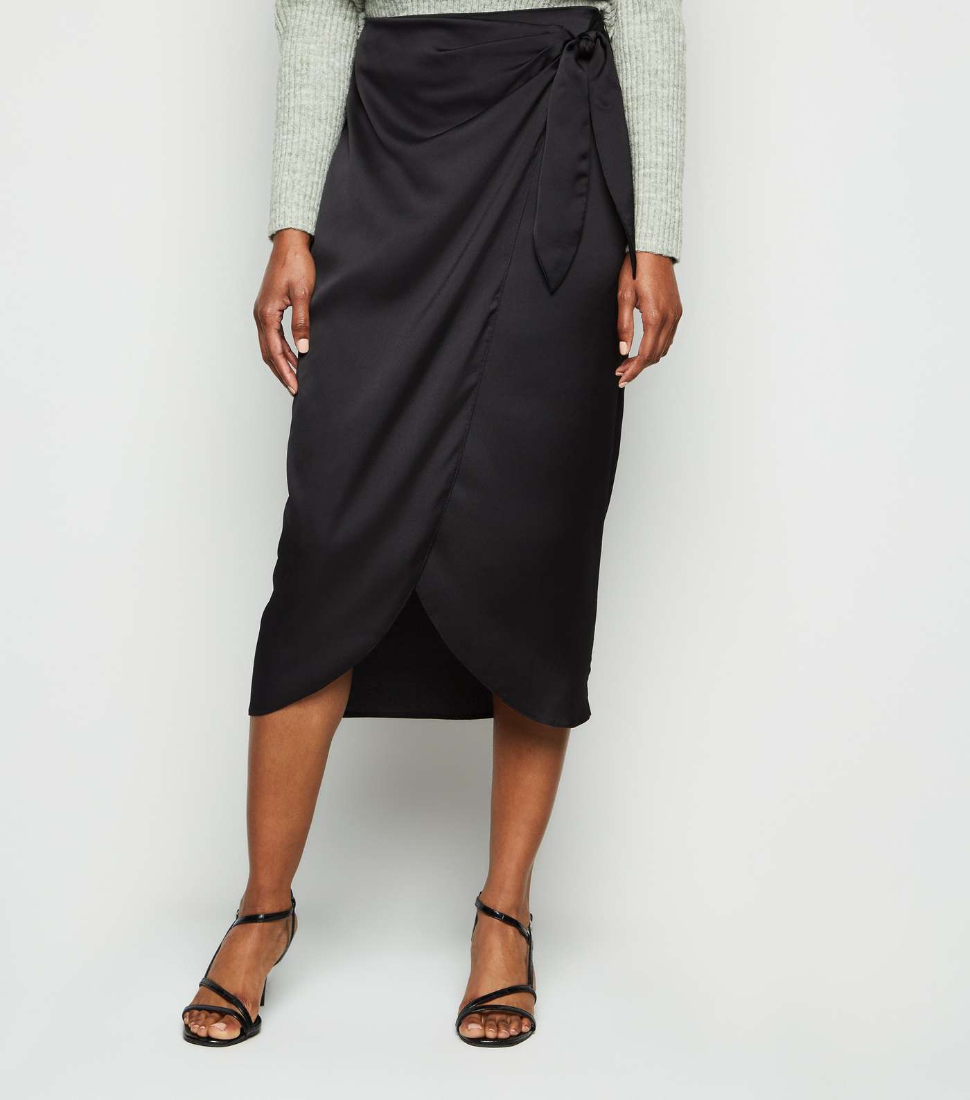 Black Satin Wrap Midi Skirt Image 2