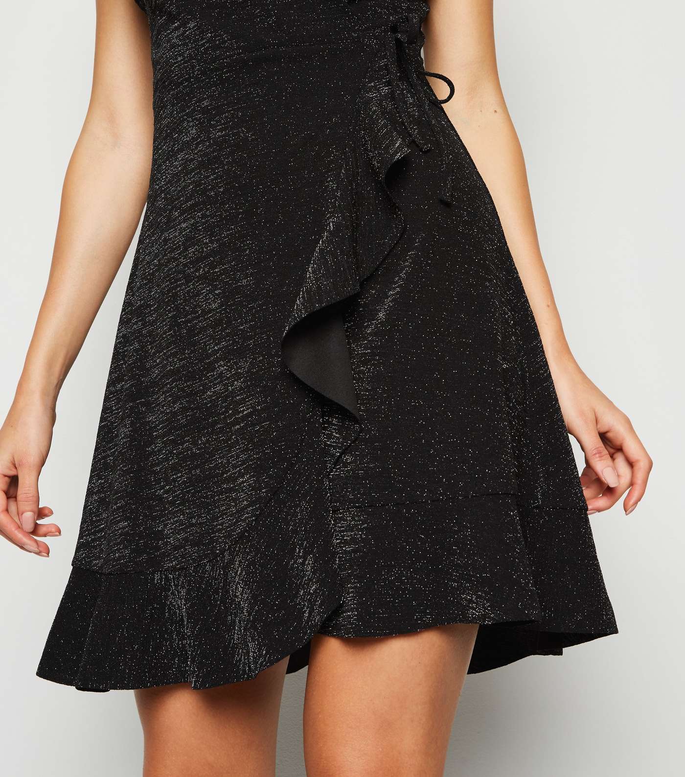 Black Glitter Strappy Frill Wrap Mini Dress Image 5