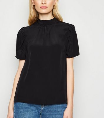 high neck puff sleeve top