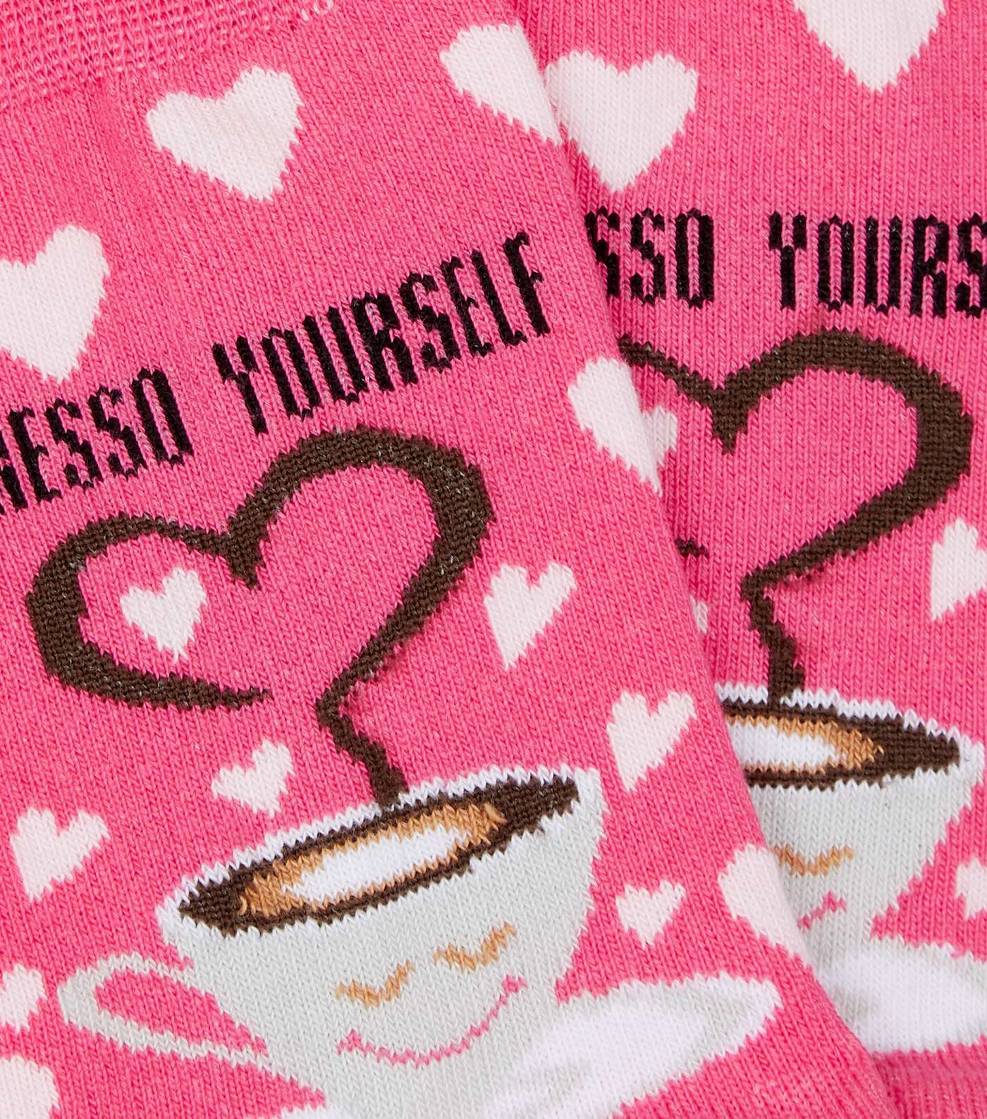 Bright Pink Espresso Yourself Slogan Heart Socks Image 3