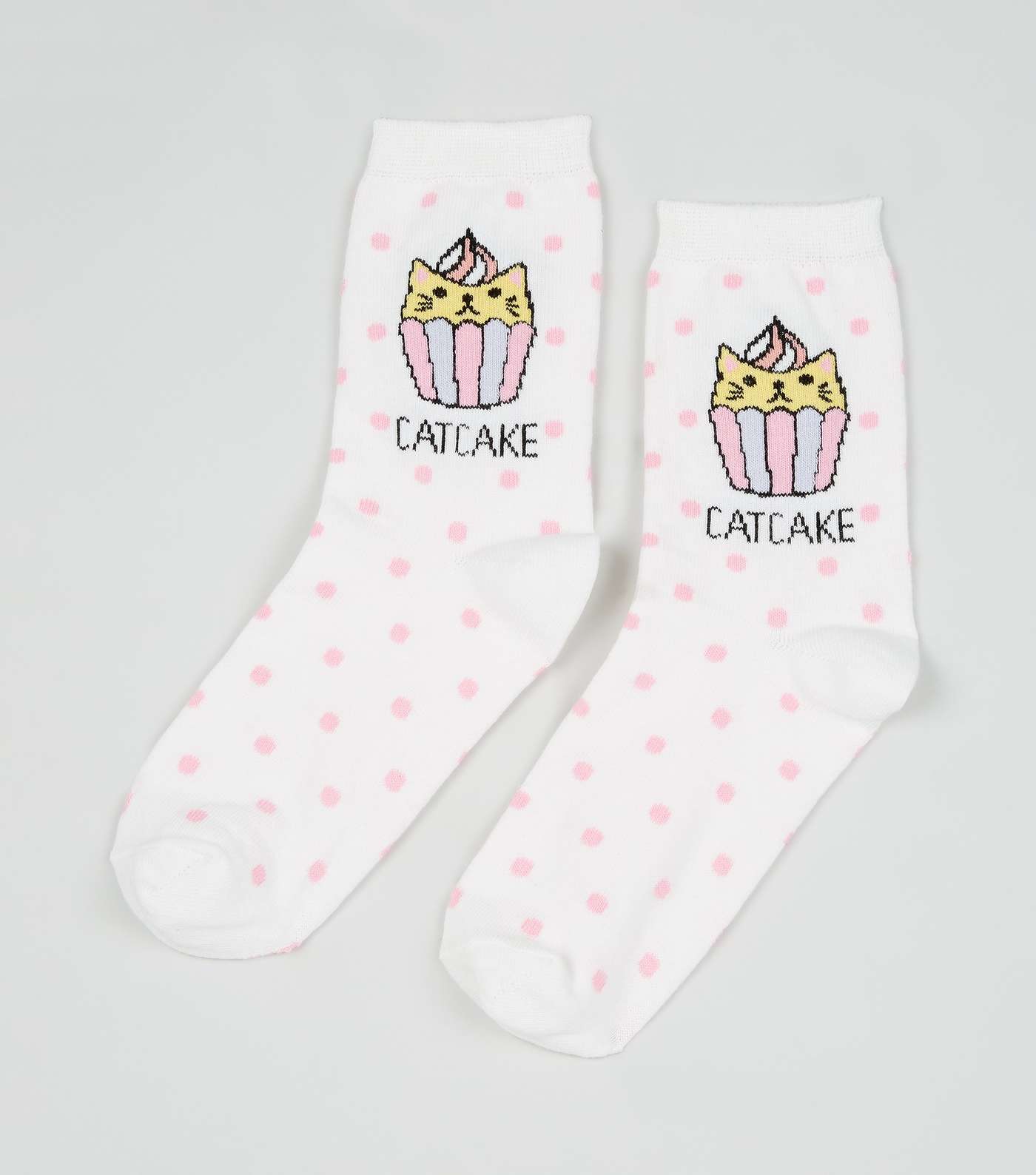 White Catcake Slogan Spot Socks