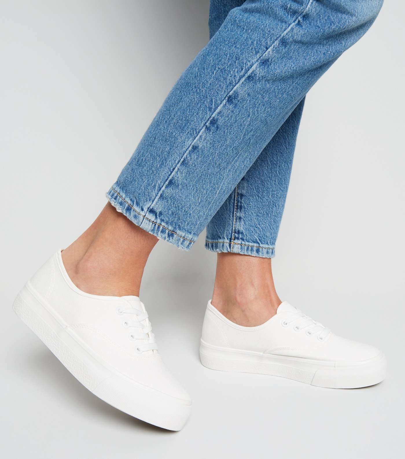 White Canvas Lace-Up Flatform Trainers Image 2